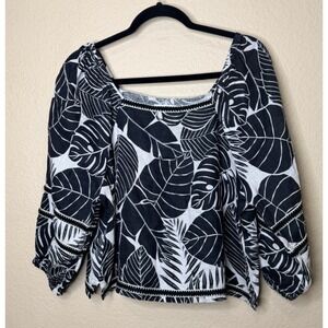 Cynthia Rowley Black Cream Leaf Print 100% Linen Blouse Large Crop Lagenlook